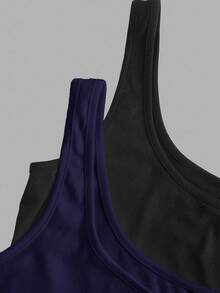 Slaydiva Black & Navy Blue Women's Casual Crew Neck Ruched Bodycon Tank Top Set, Versatile For Daily Wear - Multicolor - View 7
