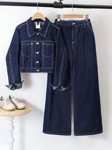 SHEIN 2pcs/Set Teen Girl Navy Blue Denim Lapel Long Sleeve Cropped Jacket & Pleated Wide Leg Pants,Korean Style Denim Set, Two Piece Denim Set, Wide Leg Jeans Kids Jean 2 Piece Set Fall Winter