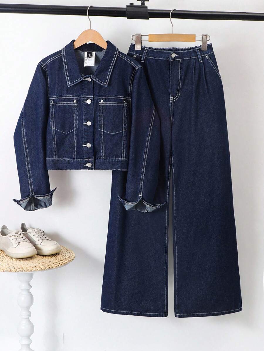SHEIN 2pcs/Set Teen Girl Navy Blue Denim Lapel Long Sleeve Cropped Jacket & Pleated Wide Leg Pants,Korean Style Denim Set, Two Piece Denim Set, Wide Leg Jeans Kids Jean 2 Piece Set Fall Winter