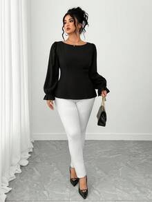 Elenzga 大码女式纯色泡泡袖蝴蝶结露背优雅休闲衬衫，夏秋季 - 黑色 - 查看 9