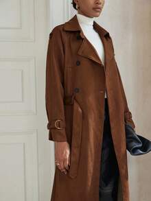 Aveloria Modichic 鹿皮绒面革机车夹克配棕色腰带，长款西装外套 - 棕色 - 查看 2