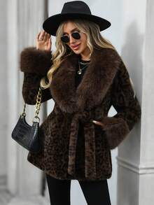 EMERY ROSE Women's Leopard Print Lapel Long Sleeve Faux Fur Fashion Jacket Women's Winter Clothes Women's Winter Coat Winter Coats For Women Women's Winter Jacket - Coffee Brown - View 8