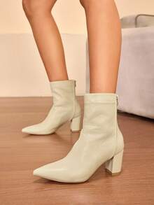 Daringsoles 女式尖头粗跟中筒靴，后拉链，法式踝靴