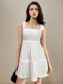SHEIN Unity Váy ngắn không tay nhiều lớp màu trơn dành cho nữ, trang phục mùa hè - trắng - Xem 3