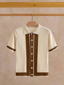 EASEVO Plus Size Men's Contrast Color Short Sleeve Front Button Casual Cardigan, For Fall, Winter