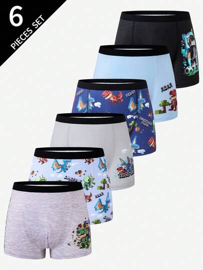 6 件牛奶丝棉彩色可爱像素风格印花平角内裤，适合青少年男孩，四季皆宜