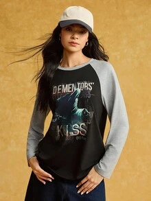 HARRY POTTER X SHEIN Women's Letter Graphic Color Block Round Neck Long Sleeve T-Shirt,Back To School