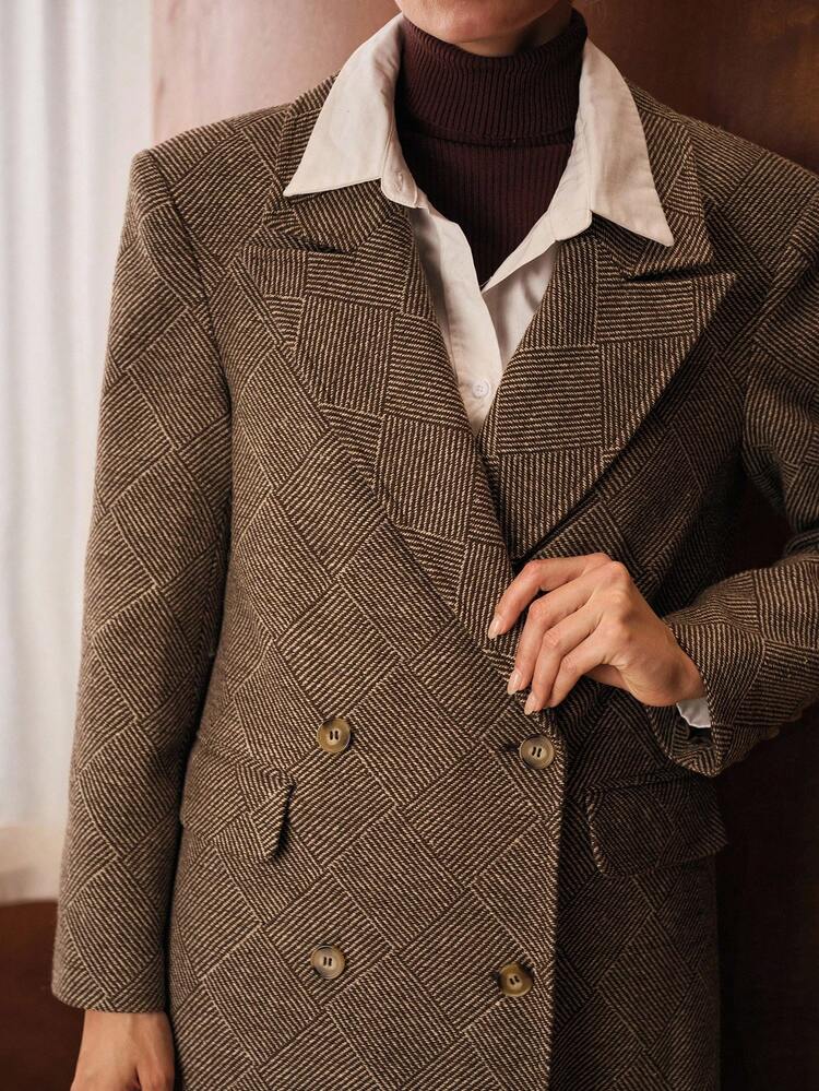 WOOL ELEGANT MINIMALIST COLLARED WAIST CINCHED PLAID TEXTURED OVERCOAT