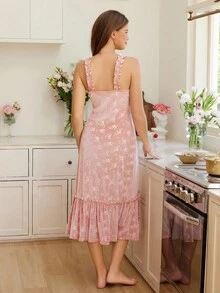 Snug Reverie Women's Floral Jacquard Velvet Midi Bodycon Dress With Ruffle Hem And Spaghetti Strap - Pink - View 3