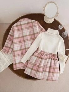 Souflis Souflis Bộ 2 món quần áo thu cho bé gái phong cách thường ngày, bộ đồ mùa đông kẻ sọc, áo khoác và váy - Hồng - Xem 2