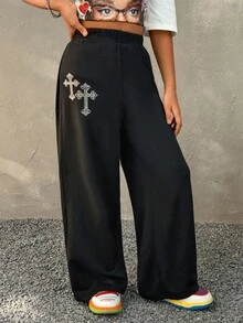 Coolane Kids Pantalones de chándal anchos con cintura con cordón y decoración de strass en estilo Y2K para niñas preadolescentes, atuendos para graduación y regreso a la escuela - Negro - Ver 3