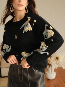Anewsta Women's Fashionable 3D Floral Embroidery Long Sleeve Knit Sweater, Versatile Pullover Sweater For Autumn/Winter, Christmas