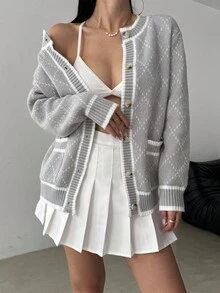 Lyxana Cárdigan casual de mujer con cuello redondo, botones delanteros, diseño de rombos y bolsillos, en colores contrastantes - Gris Claro - Ver 6