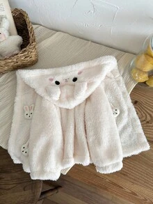 SHEIN Baby Girl Infant Toddler Newborn 0-3 Years Cute Casual Plush Flannel 3D Rabbit Ear Hooded Jacket Fall Winter - White - View 7