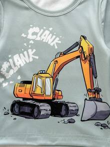 SHEIN Playful Pals 2 件套幼儿男童柔软双面罗纹针织卡通挖掘机印花长袖上衣和裤子套装，灰绿色，深灰色下装