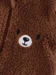 Cozy Pixies 男婴卡通兔耳朵连帽加厚羊毛连体衣，适合秋冬季室内穿着 - 棕色 - 查看 4