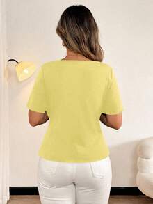 Vionelle 大码女童休闲3D花卉荷叶边腰部不对称下摆短袖T恤 - 黃色 - 查看 2