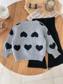 SHEIN LMoss Kids Komplet sweterek z okrągłym dekoltem i wzorem w serca dla dziewczynki oraz dzianinowe spodnie - Szary - Zobacz 2