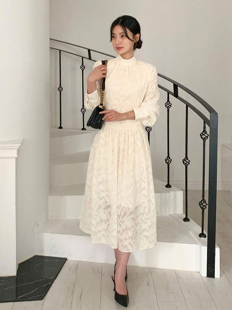 Women's Stand Collar 3D Floral Print Elegant Dress