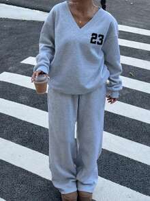Muchica 2 件女士休闲超大 V 领蓬松运动衫和运动裤套装，数字 23 图案，运动复古风格，适合秋冬 - 淺灰色 - 查看 3