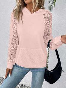 EMERY ROSE Hollow Out Hooded Long Sleeve Sweatshirt - Baby Pink - View 3