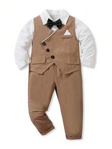 SHEIN 两件套男童不对称扣背心和裤子套装 - 摩卡棕 - 查看 3