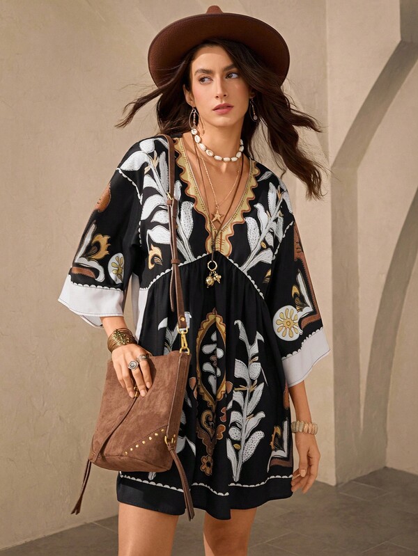 Wildy 休闲宽松波西米亚风短款民俗印花连衣裙