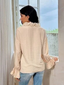 Serisse Blusa suelta con cuello de corbata con volantes y mangas acampanadas, elegante para mujer, primavera/otoño - Albaricoque - Ver 2