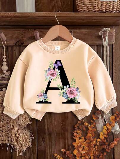 SHEIN Retro Floral & Letter Print Baby Girl Knit Soft Round Neck Loose Fit Thick Pullover Sweatshirt, Suitable For Autumn And Winter