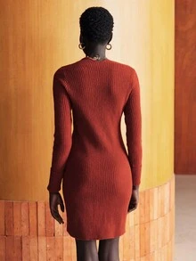 SHEIN X Jwoww Lumivelle 女士优雅时尚简约百搭修身V领罗纹针织毛衣裙，秋冬 - 鏽棕色 - 查看 2