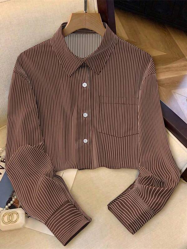 SHEIN PETITE Women's Striped Loose Casual Short Shirt (With Pockets), Spring/Summer