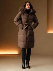 Anewsta Women's Fashionable Casual Coffee Color Long Cinched Waist Waist Hooded Detachable Faux Fur Collar Zip-Up Padded Coat - Coffee Brown - View 3