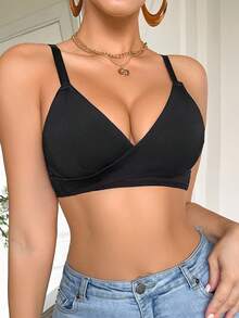SHEIN 1 件女士简约纯色前交叉无钢圈文胸 - 黑色 - 查看 6