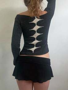 INAWLY 女士印花露肩休闲长袖针织套头衫，秋冬款 - 黑色 - 查看 2