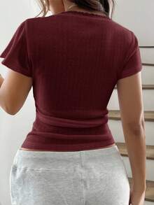 Vionelle Plus Size Women's Sweet Lace Trim Short Sleeve T-Shirt, Slim Fit 3-Button Casual Pink Tee Tops Summer Button Down Top Maroon Top Lace Trim Top Wine Red Top Burgundy Top - Red - View 2