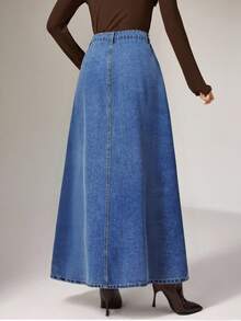 Heiryn 女士休闲宽松长款蓝色牛仔裙、波多黎各、办公室女性、情人节女性、90 年代、春季女性、牛仔裙、女士牛仔裙、女牛仔、文艺复兴裙、工作裙 - 深色水洗藍 - 查看 2