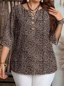 EMERY ROSE Plus Size Women's Leopard Floral Print Beige Button Down Short Sleeve Casual Shirt,Summer Boho Vacation Country Resort Bohemian Chic Blouses - Multicolor - View 4