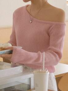 DAZY 女士宽松不对称领口针织毛衣，长袖，秋冬新品