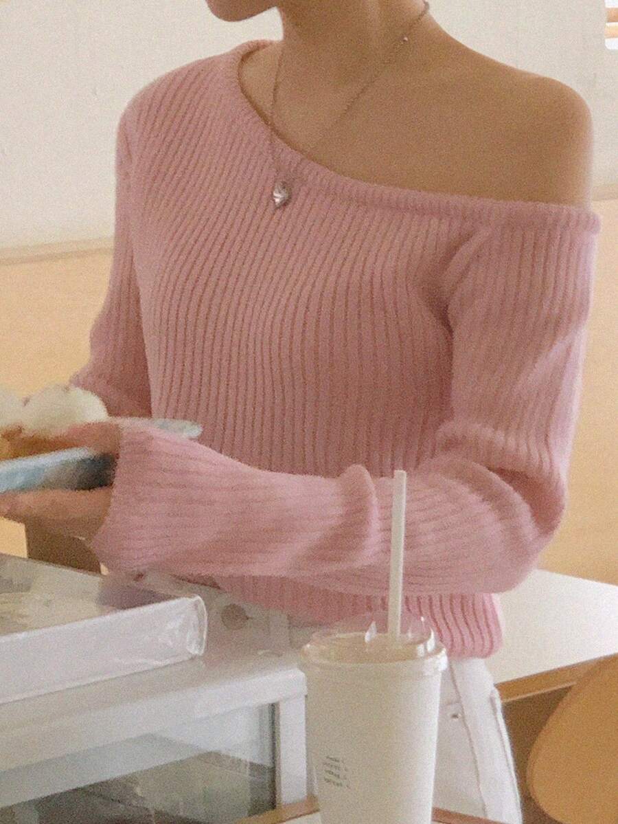 DAZY 女士宽松不对称领口针织毛衣，长袖，秋冬新品