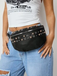 SHEIN SXY Bolso de pecho, bolso de cintura, bolso de hombro para mujer, en color dorado, plateado, negro mate, con remaches, cool, de moda, de calle, sencillo, personalizado, versátil, para citas, uso diario, compras, té de la tarde