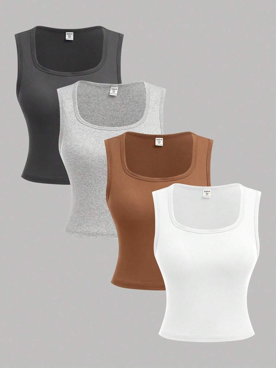 SHEIN Girlism 4pcs/Set Teen Girl's Black, White, Gray U-Neck Fitted Camisole Tops, Versatile Casual All-Match Top, Suitable For All Seasons Basic Tops Girls Basic Tops 3 Packs Tops Fitted Tops Basic Tops Teen - Multicolor - View 1