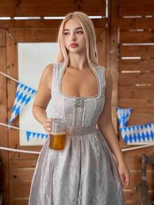 SHEIN ICON 秋季女式慕尼黑啤酒节风格蝴蝶结装饰优雅复古无袖连衣裙 + 围裙两件套德国连衣裙 - 杏色 - 查看 6