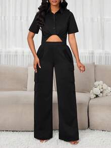 SHEIN Lady Women's Summer Fashion Solid Color Shirt & Cargo Pants 2 Pieces Set - Black - View 4