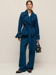 Nöista Áo khoác denim thắt lưng với ve áo rộng, eo thắt và túi tiện dụng; Hoàn hảo cho phong cách đi chơi, ngày lễ và Giáng sinh - Màu xanh lam - Xem 8