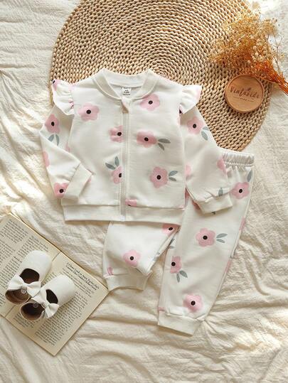 Vintaside Kids Conjunto de chaqueta de béisbol de cuello redondo de manga larga con estampado floral y pantalones casuales para niña, cómodo para acampar y usar en casa, adecuado para el tiempo libre al aire libre o en interiores en otoño