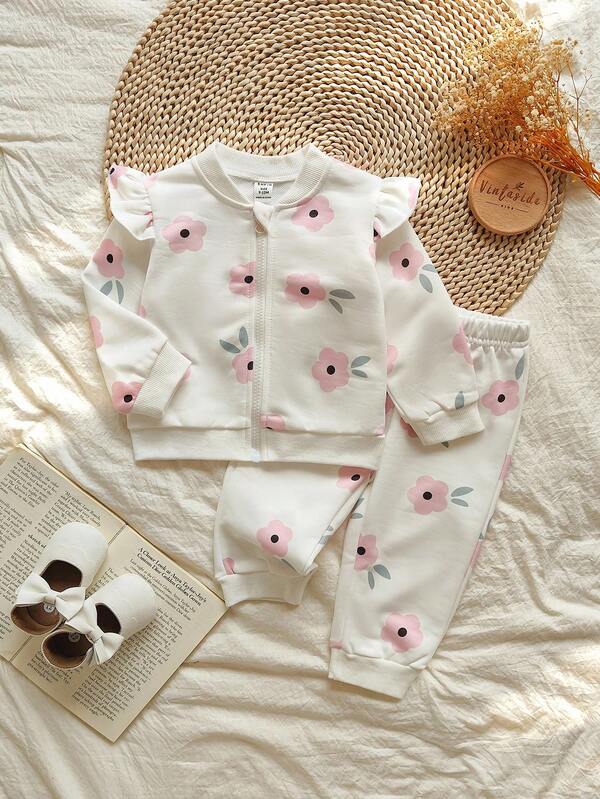 Vintaside Kids Baby Mädchen Blumen Muster Rundhals Langarm Baseball Kragen Jacke und Lässig Hose Set, bequem für Camping und Zuhause, geeignet für Herbst Outdoor oder Indoor Lässig