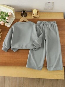 年轻女孩休闲日常通勤运动风格字母刺绣落肩宽松运动衫和直筒运动裤套装，秋季/春季 - 深灰色 - 查看 8