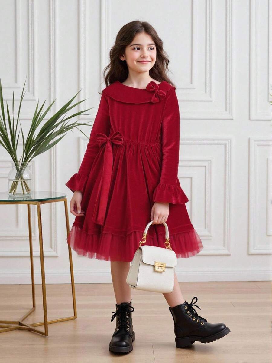 Young Girls Elegant Velvet Long Sleeve Dress, Decorated With Mesh And Bow For Vibe, Suitable For Christmas Party, Daily Wear In Autumn/Winter - Red - View 1