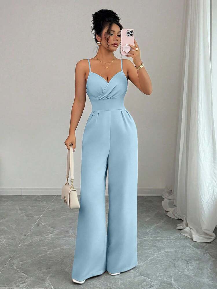 Women's Elegant Solid Color Pleated Wide Leg Jumpsuit With Adjustable Waist - Blue - View 3