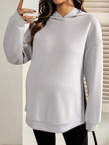 SHEIN Áo nỉ trùm đầu xẻ tà đơn sắc dành cho bà bầu, màu xám nhạt - Xám - Xem 4